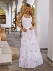 South Beach White Sequin Seashell Embroidered Tiered Maxi Skirt - Image 3 of 6