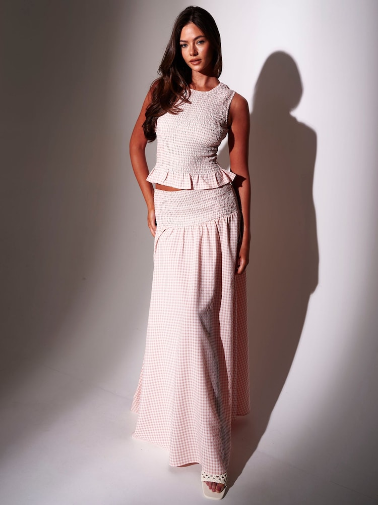 South Beach Pink Textured Gingham Shirred Waist Maxi Skirt - Image 1 of 5