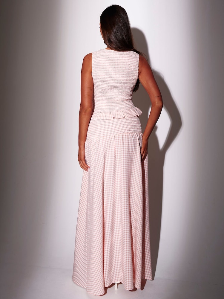 South Beach Pink Textured Gingham Shirred Waist Maxi Skirt - Image 2 of 5