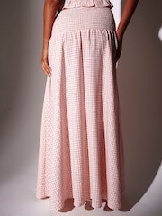 South Beach Pink Textured Gingham Shirred Waist Maxi Skirt - Image 3 of 5