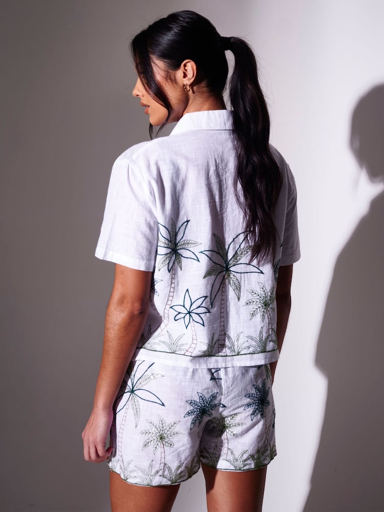 South Beach White Sequin Embroidered Palm Tree Beach Shorts - Image 2 of 6 South Beach White Sequin Embroidered Palm Tree Beach Shorts - Image 2 of 6