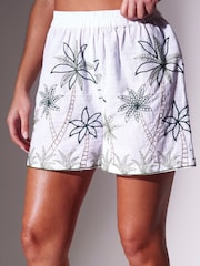 South Beach White Sequin Embroidered Palm Tree Beach Shorts - Image 4 of 6