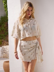 South Beach Cream Floral Sequin Embroidered Wrap Mini Skirt - Image 1 of 6