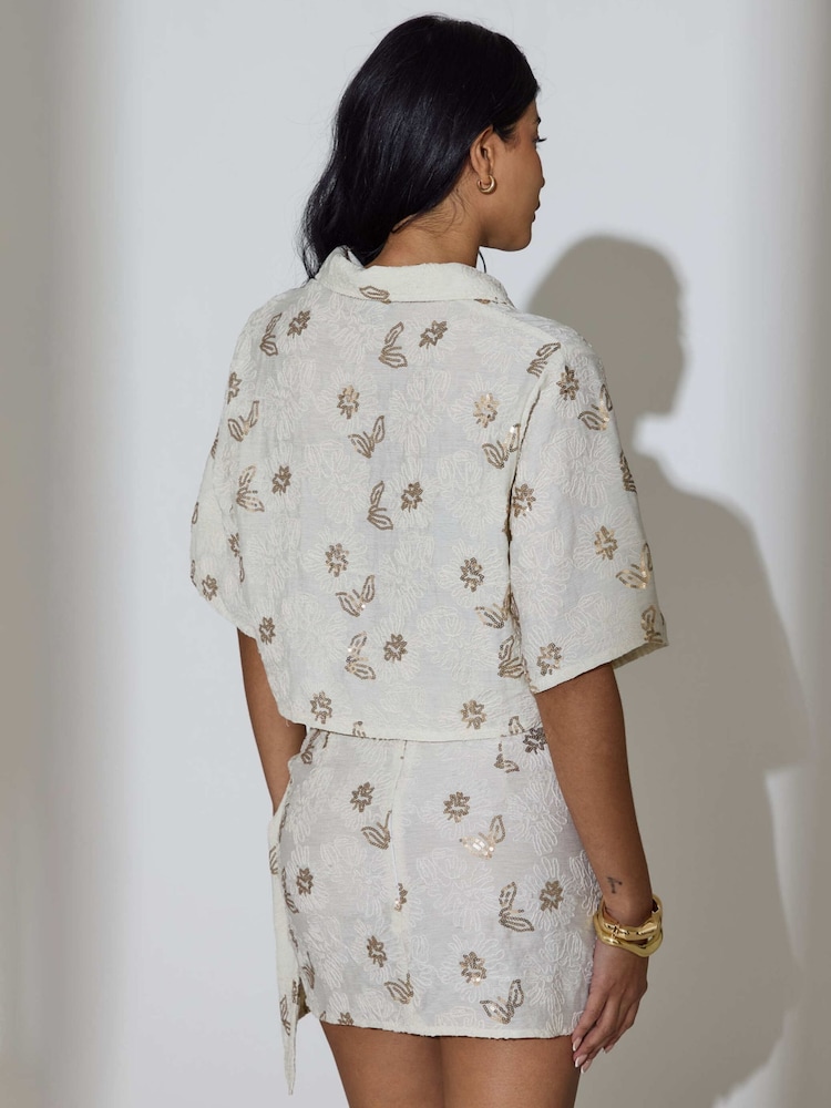 South Beach Cream Floral Sequin Embroidered Wrap Mini Skirt - Image 2 of 6