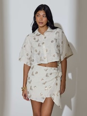 South Beach Cream Floral Sequin Embroidered Wrap Mini Skirt - Image 4 of 6