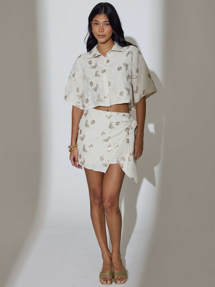 South Beach Cream Floral Sequin Embroidered Wrap Mini Skirt - Image 6 of 6