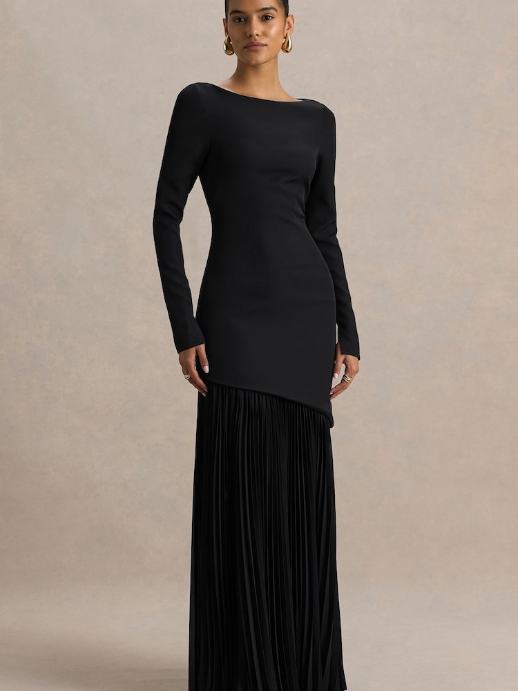 Club L London Black Yanira | Black Crepe And Georgette Boat-Neck Maxi Dress With Drop Waist - Image 2 of 6 Club L London Black Yanira | Black Crepe And Georgette Boat-Neck Maxi Dress With Drop Waist - Image 2 of 6