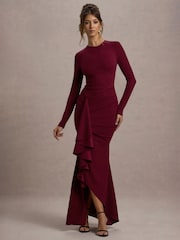 Club L London Red Alayna | Berry Long-Sleeve Maxi Dress With Ruffled Split - Image 1 of 4