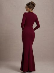 Club L London Red Alayna | Berry Long-Sleeve Maxi Dress With Ruffled Split - Image 2 of 4
