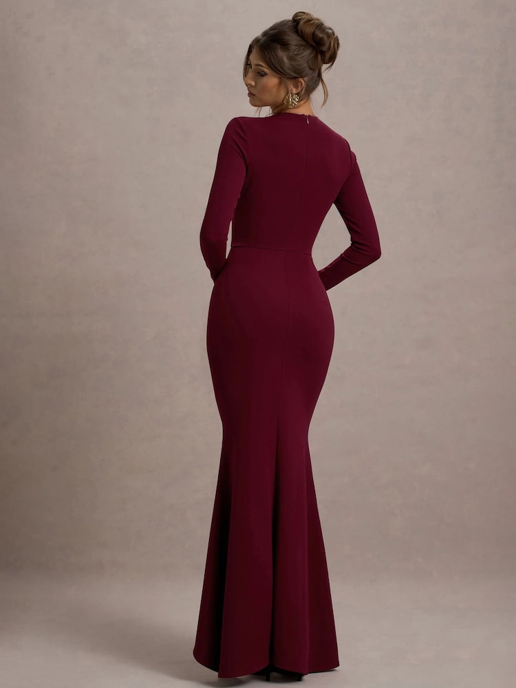 Club L London Red Alayna | Berry Long-Sleeve Maxi Dress With Ruffled Split - Image 2 of 4