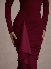 Club L London Red Alayna | Berry Long-Sleeve Maxi Dress With Ruffled Split - Image 3 of 4