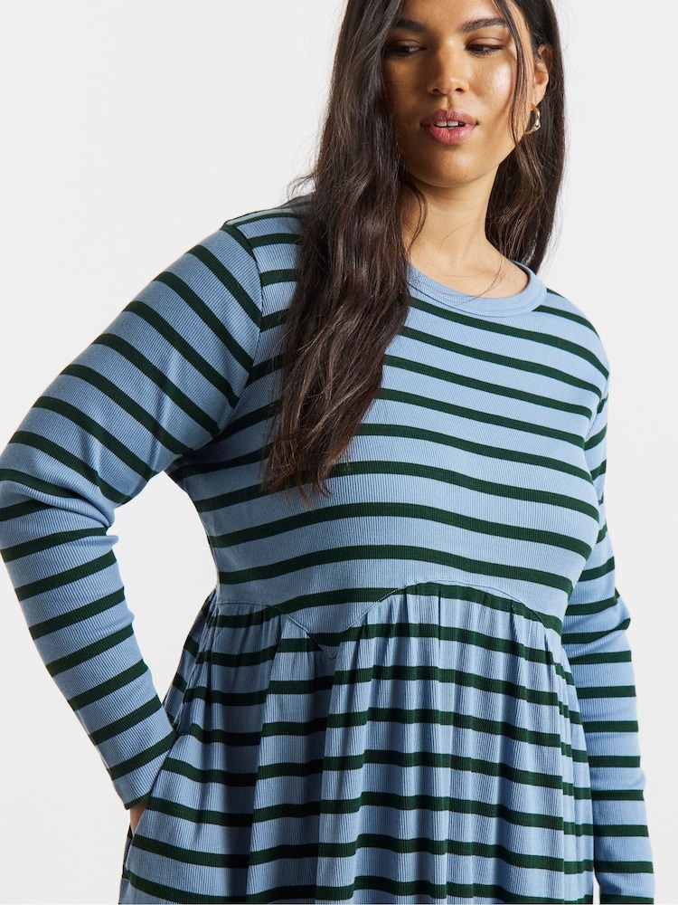 Simply Be Blue Stripe Ribbed Smock Midi Dress - Image 4 of 4