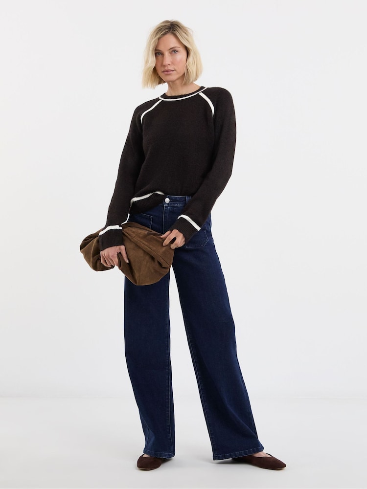 JD Williams Brown Contrast Crew Neck Knitted Jumper - Image 1 of 4