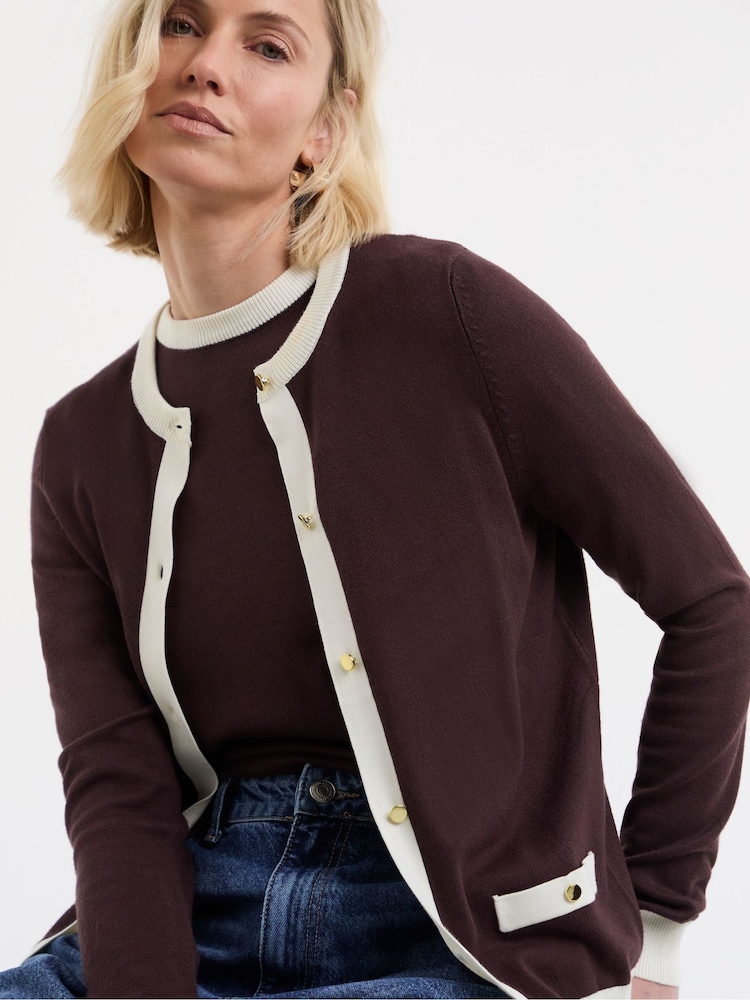 JD Williams Brown Contrast Tipping Crew Neck Cardigan - Image 4 of 4