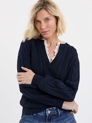 JD Williams Blue V-Neck Frill Knitted Jumper - Image 3 of 4