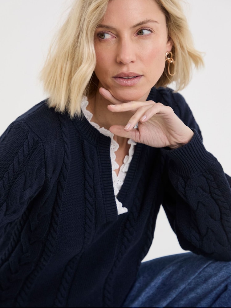 JD Williams Blue V-Neck Frill Knitted Jumper - Image 4 of 4 JD Williams Blue V-Neck Frill Knitted Jumper - Image 4 of 4