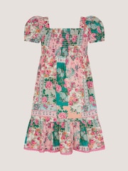 Monsoon Green Floral Patchwork Shirred Dress - Image 1 of 3