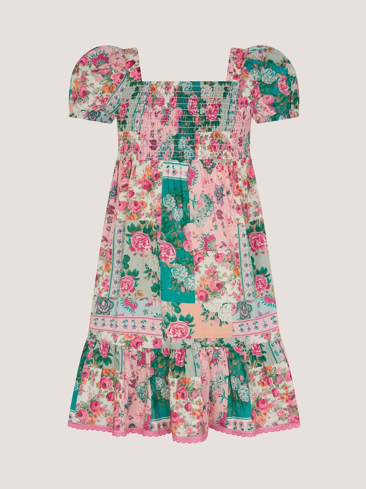 Monsoon Green Floral Patchwork Shirred Dress - Image 1 of 3