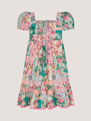 Monsoon Green Floral Patchwork Shirred Dress - Image 2 of 3