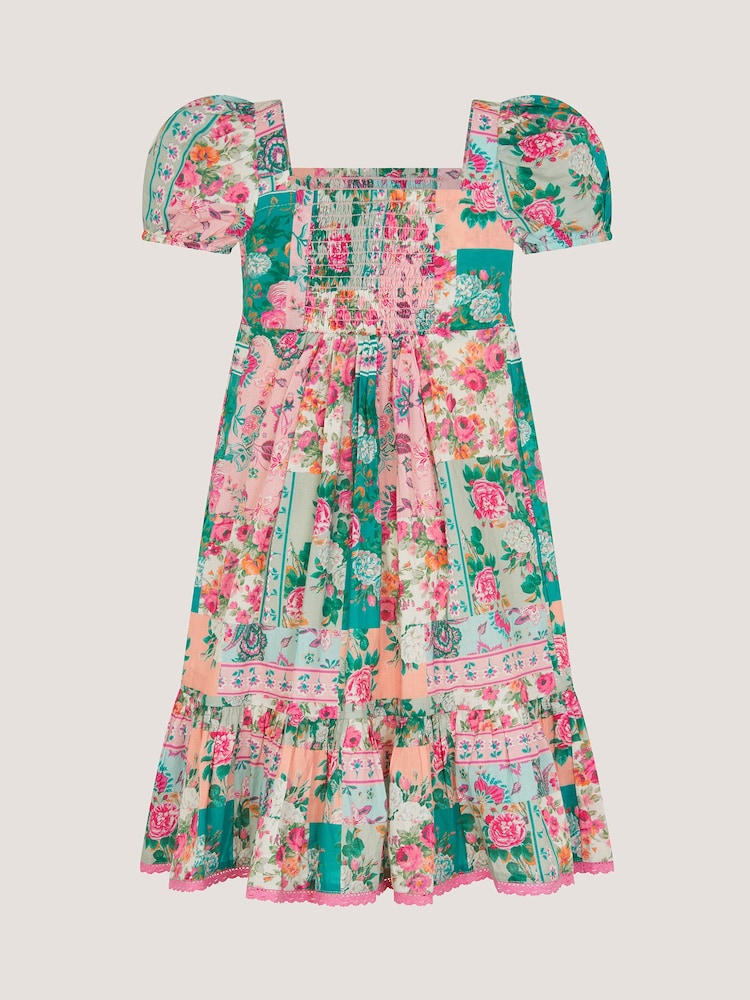 Monsoon Green Floral Patchwork Shirred Dress - Image 2 of 3