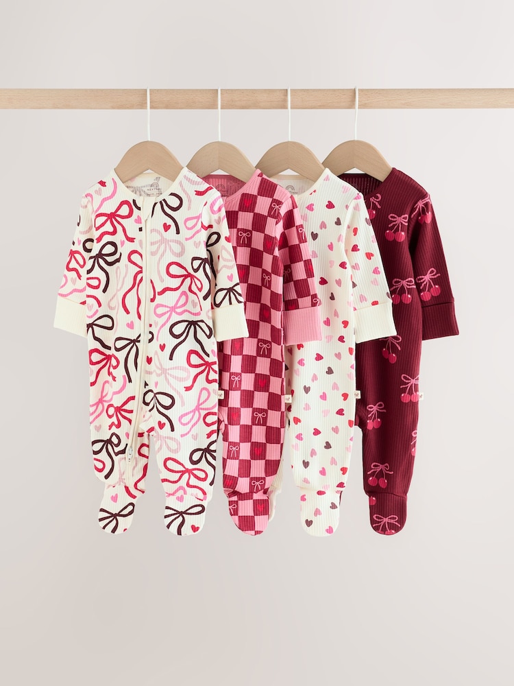 Berry Bow Two Way Zip Baby Sleepsuits 4 Pack (0mths-3yrs) - Image 1 of 13 Berry Bow Two Way Zip Baby Sleepsuits 4 Pack (0mths-3yrs) - Image 1 of 13