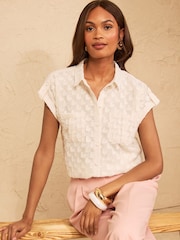 Love & Roses Ivory Petite 3D Heart Short Sleeve Button Through Shirt - Image 1 of 5