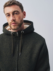 Khaki Green Textured Borg Lined Zip Through Hoodie - Image 1 of 7