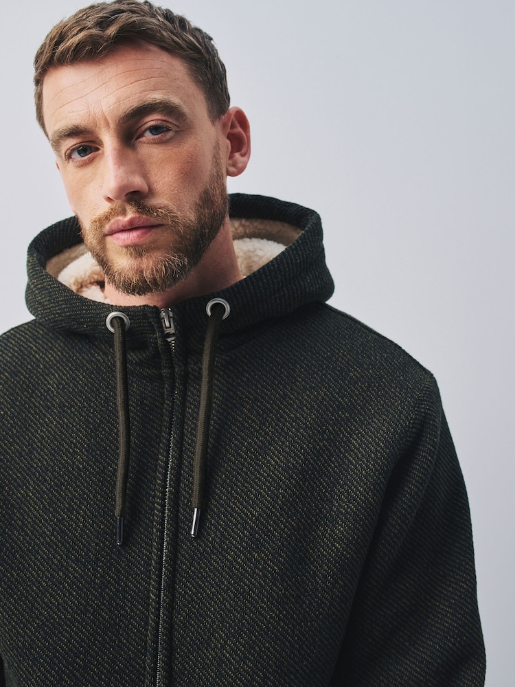 Khaki Green Textured Borg Lined Zip Through Hoodie - Image 1 of 7