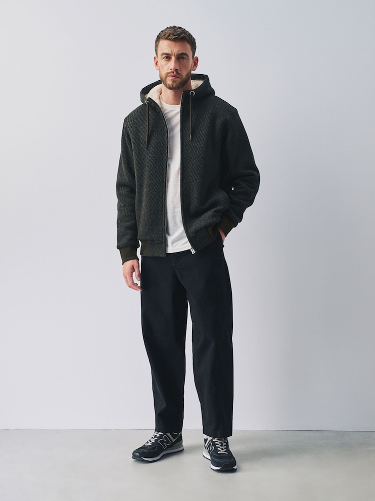 Khaki Green Textured Borg Lined Zip Through Hoodie - Image 2 of 7
