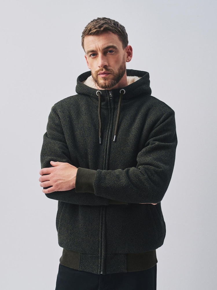 Khaki Green Textured Borg Lined Zip Through Hoodie - Image 7 of 7