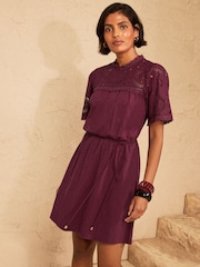 Love & Roses Burgundy Red Broderie Yoke Jersey Mini Dress - Image 1 of 4