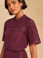 Love & Roses Burgundy Red Broderie Yoke Jersey Mini Dress - Image 2 of 4