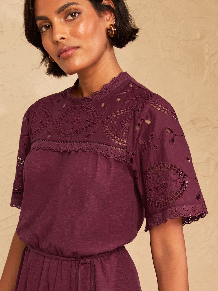 Love & Roses Burgundy Red Broderie Yoke Jersey Mini Dress - Image 2 of 4