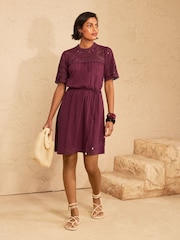 Love & Roses Burgundy Red Broderie Yoke Jersey Mini Dress - Image 3 of 4