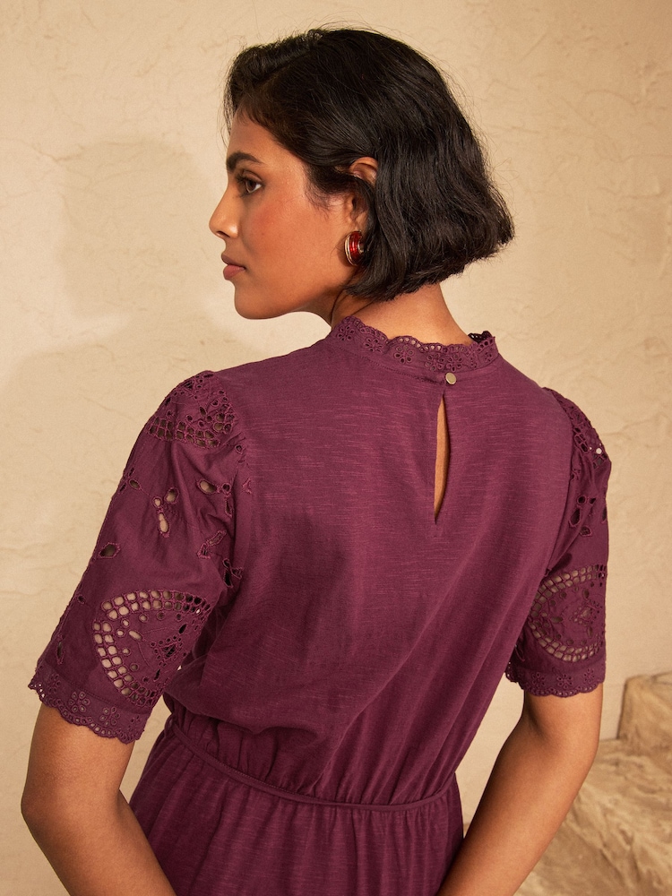 Love & Roses Burgundy Red Broderie Yoke Jersey Mini Dress - Image 4 of 4