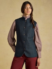 Tmavomodrá se vzorem rybí kosti - Tweed Wool Blend Nehru Collar Gilet - Obrázek 1 z 8