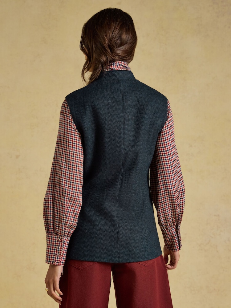 Tmavomodrá se vzorem rybí kosti - Tweed Wool Blend Nehru Collar Gilet - Obrázek 2 z 8 Tmavomodrá se vzorem rybí kosti - Tweed Wool Blend Nehru Collar Gilet - Obrázek 2 z 8