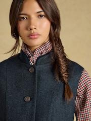Tmavomodrá se vzorem rybí kosti - Tweed Wool Blend Nehru Collar Gilet - Obrázek 7 z 8