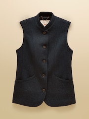 Tmavomodrá se vzorem rybí kosti - Tweed Wool Blend Nehru Collar Gilet - Obrázek 8 z 8