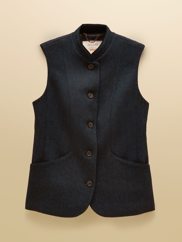 Tmavomodrá se vzorem rybí kosti - Tweed Wool Blend Nehru Collar Gilet - Obrázek 8 z 8 Tmavomodrá se vzorem rybí kosti - Tweed Wool Blend Nehru Collar Gilet - Obrázek 8 z 8
