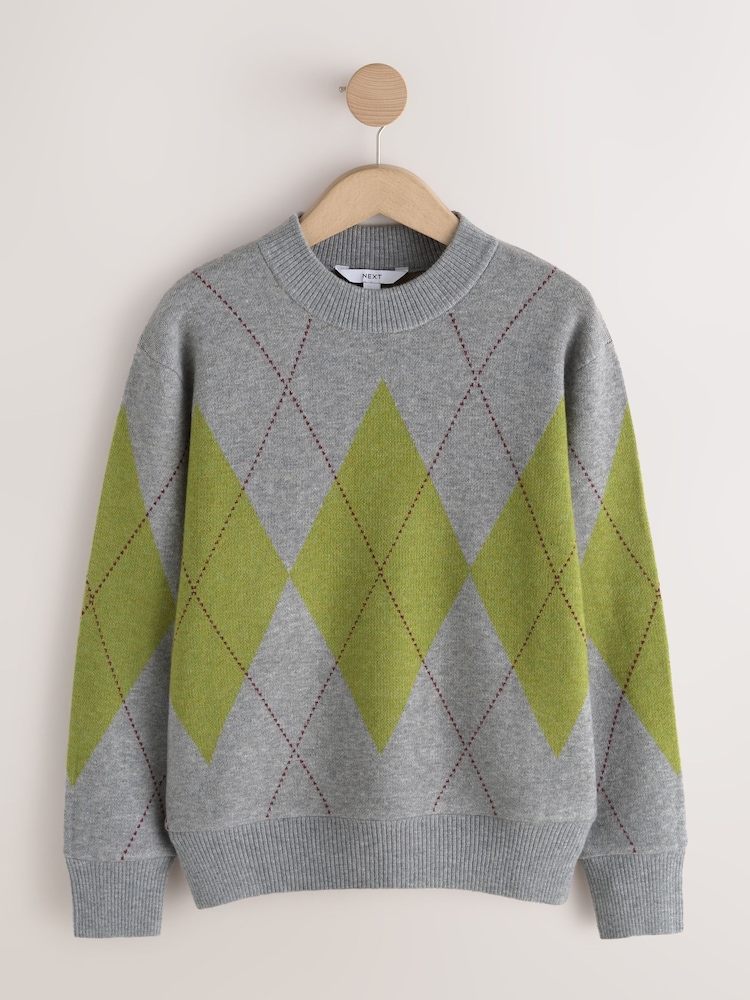 Grey/Green Crew Neck Knit Look Jumper - Image 1 of 3 Grey/Green Crew Neck Knit Look Jumper - Image 1 of 3