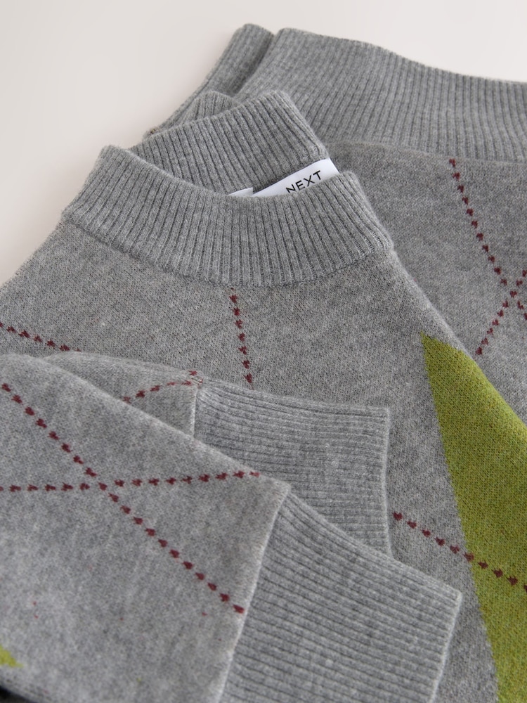 Grey/Green Crew Neck Knit Look Jumper - Image 2 of 3 Grey/Green Crew Neck Knit Look Jumper - Image 2 of 3