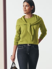 Green Scarf Detail Long Sleeve Knit Look Top - Image 1 of 8