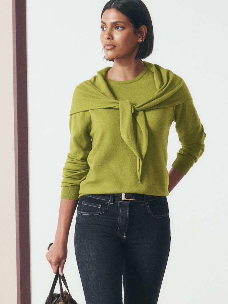 Green Scarf Detail Long Sleeve Knit Look Top - Image 1 of 8 Green Scarf Detail Long Sleeve Knit Look Top - Image 1 of 8