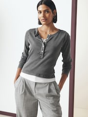 Grey Ribbed Henley Layer Long Sleeve Top - Image 4 of 9