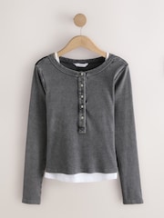 Grey Ribbed Henley Layer Long Sleeve Top - Image 7 of 9