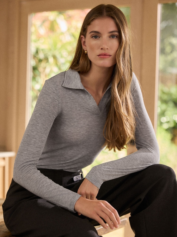Grey N. Premium Open Collar Long Sleeve Top - Image 1 of 8 Grey N. Premium Open Collar Long Sleeve Top - Image 1 of 8