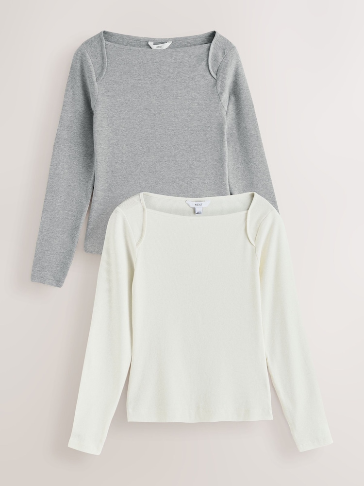 Grey/White Long Sleeve Ribbed Crew Neck Tops 2 Pack - Image 1 of 15