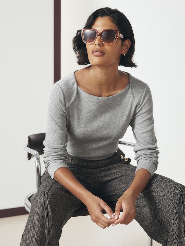 Grey/White Long Sleeve Ribbed Crew Neck Tops 2 Pack - Image 2 of 15