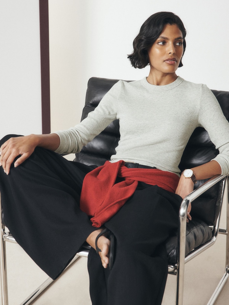 Grey Long Sleeve Ribbed Crew Neck Top - Image 1 of 9 Grey Long Sleeve Ribbed Crew Neck Top - Image 1 of 9